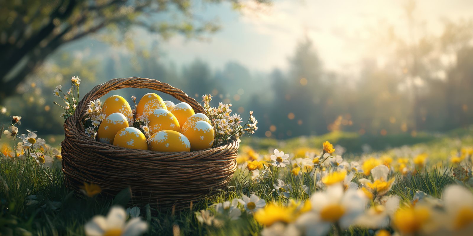 Colorful eggs in a woven basket surrounded by wildflowers in a serene spring landscape